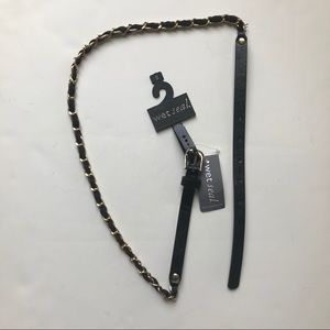 NWT Wet Seal Black Leather Gold Chain Belt
